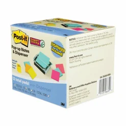 Post-it Note Dispenser, 3 x 3 in, 12 Sticky Note Pads, 90 Sheets/pad, Sticky Note Holder, Black Base, Clear Top, Classroom or Office Supplies
