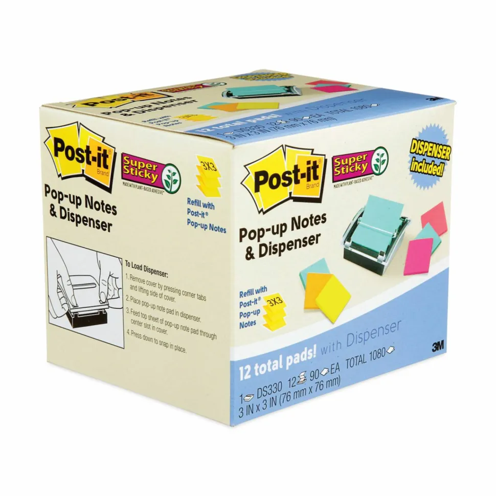 Post-it Note Dispenser, 3 x 3 in, 12 Sticky Note Pads, 90 Sheets/pad, Sticky Note Holder, Black Base, Clear Top, Classroom or Office Supplies