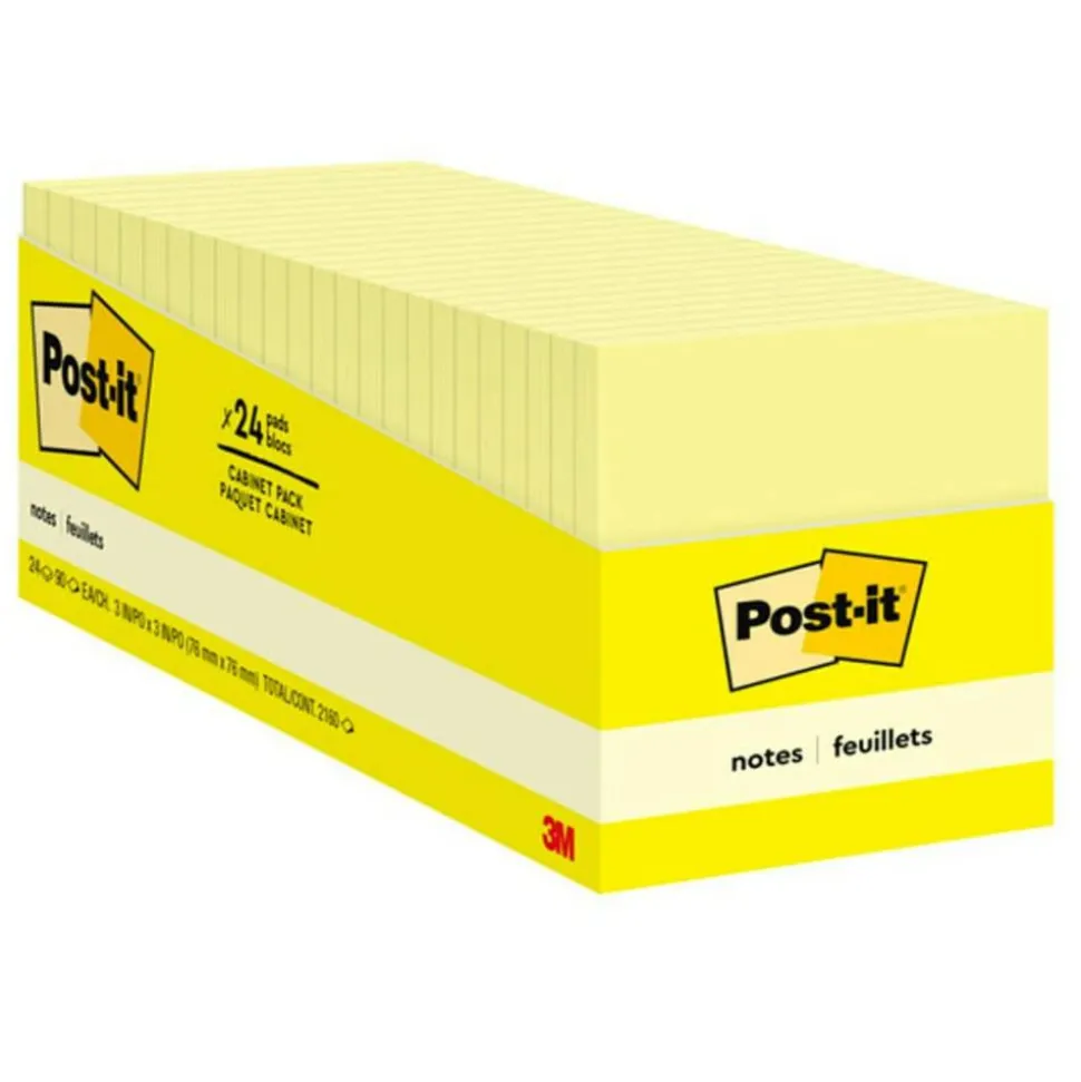 Post-it Notes, 3 in x 3 in, 24 Pads, 90 Sheets/Pad, Clean Removal, Canary Yellow