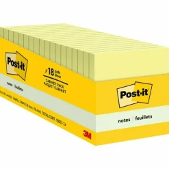 Post-it Notes, 3" x 3", Canary Yellow, 90 Sheets, Pack Of 18 Pads