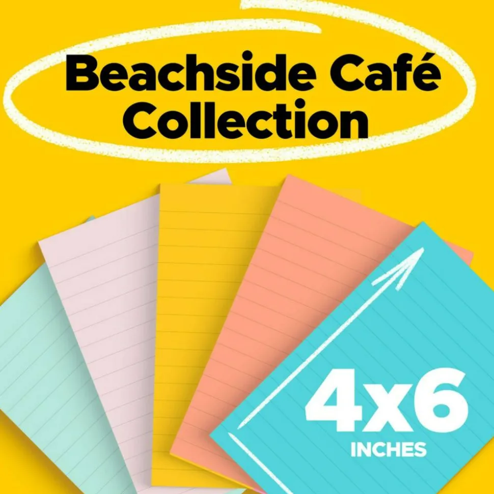 Post-it Notes, 4 x 6 in, 5 Lined Sticky Note Pads, 100 Sheets/Pad, School Supplies and Office Products, Beachside Café