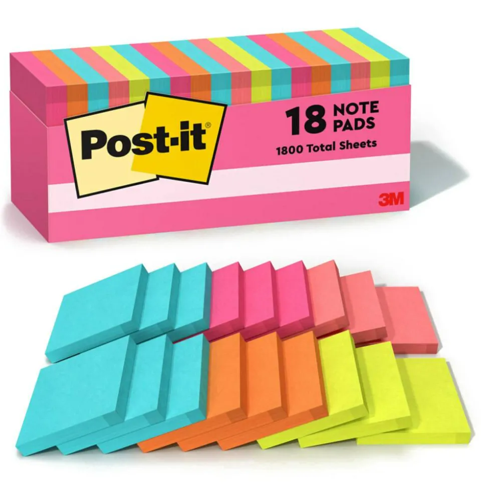 Post-it Notes, 3 x 3 in, 18 Sticky Note Pads, 100 Sheets/Pad, School Supplies and Office Products, Poptimistic