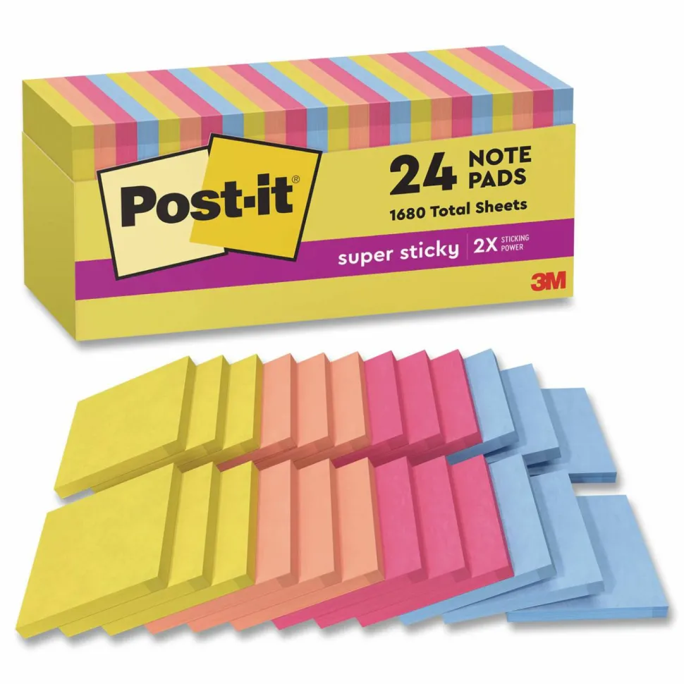Post-it Notes Super Sticky Note Pads in Summer Joy Collection Colors, 3" x 3", Summer Joy Collection Colors, 70 Sheets/Pad, 24 Pads/Pack