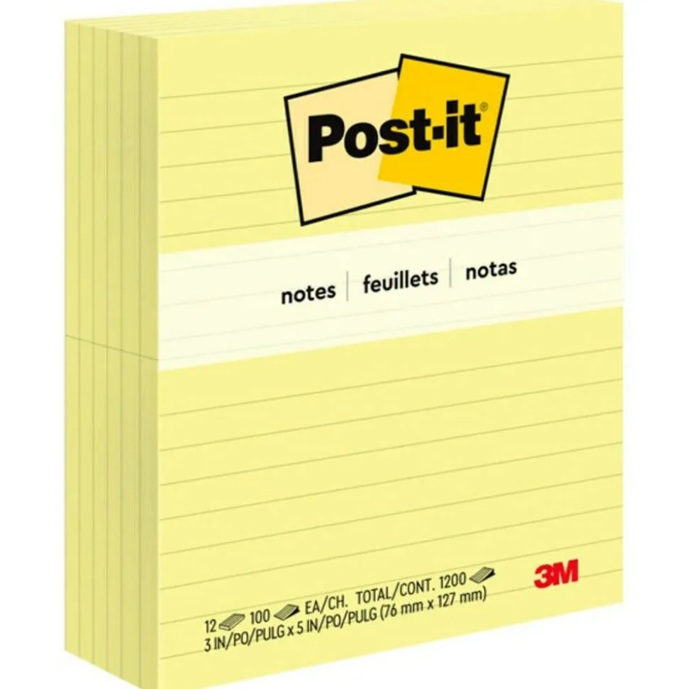 Post-it Original Lined Notes, Canary Yellow, 3" x 5" , 100 Sheets/Pad, 12 Pads/PK
