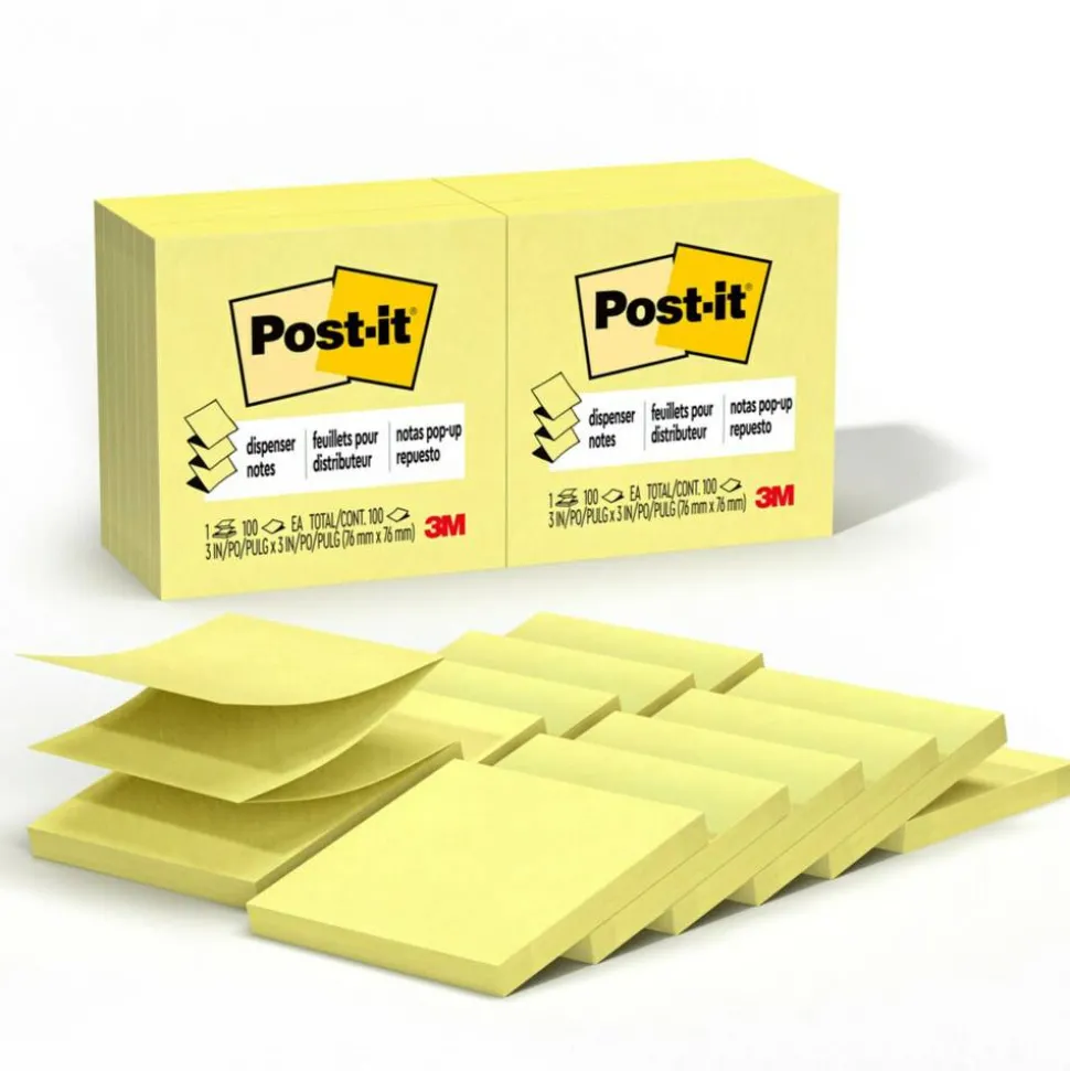 Post-it Pop Up Notes, 3 x 3 in, 12 Sticky Note Pads, 100 Sheets/Pad, Accordion Sticky Notes Works with Pop Up Dispenser, Canary Yellow