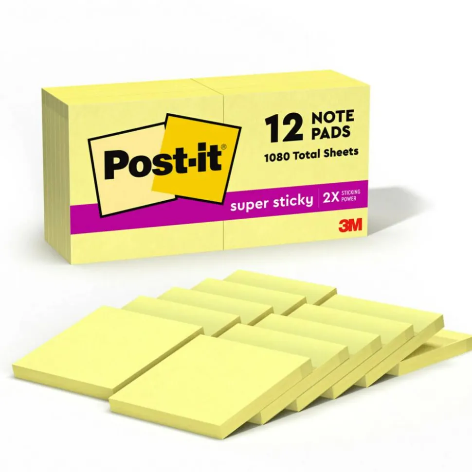 Post-it Super Sticky Notes, 3 x 3 in, 12 Sticky Note Pads, 90 Sheets/Pad, 2X the Sticking Power, School Supplies and Office Products, Canary Yellow