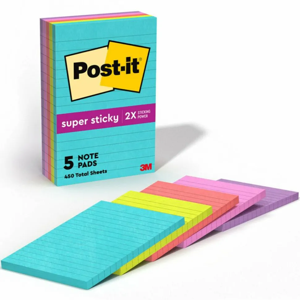 Post-it Super Sticky Notes, 4 in x 6 in, 5 Pads, 90 Sheets/Pad, Lined, 2x the Sticking Power, School and Office Supplies, Supernova Neons