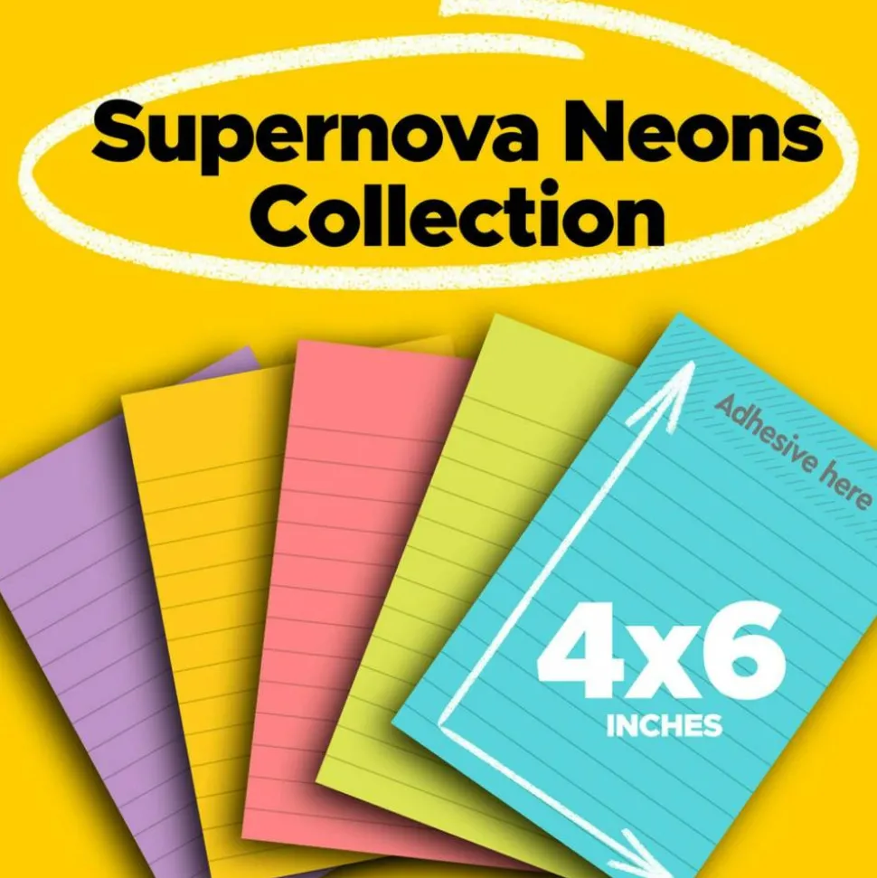 Post-it Super Sticky Notes, 4 in x 6 in, 5 Pads, 90 Sheets/Pad, Lined, 2x the Sticking Power, School and Office Supplies, Supernova Neons