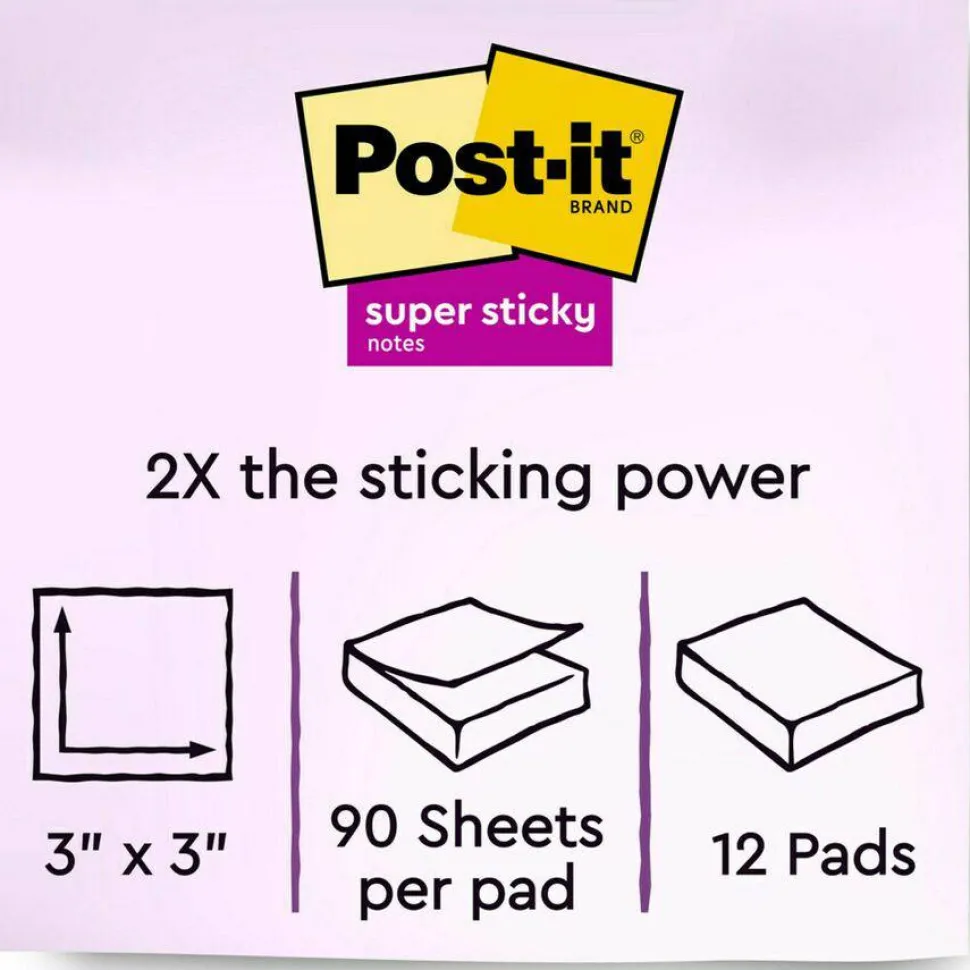 Post-it Super Sticky Notes, 3 x 3 in, 12 Sticky Note Pads, 90 Sheets/Pad, 2X the Sticking Power, School Supplies and Office Products, Neon Fizz