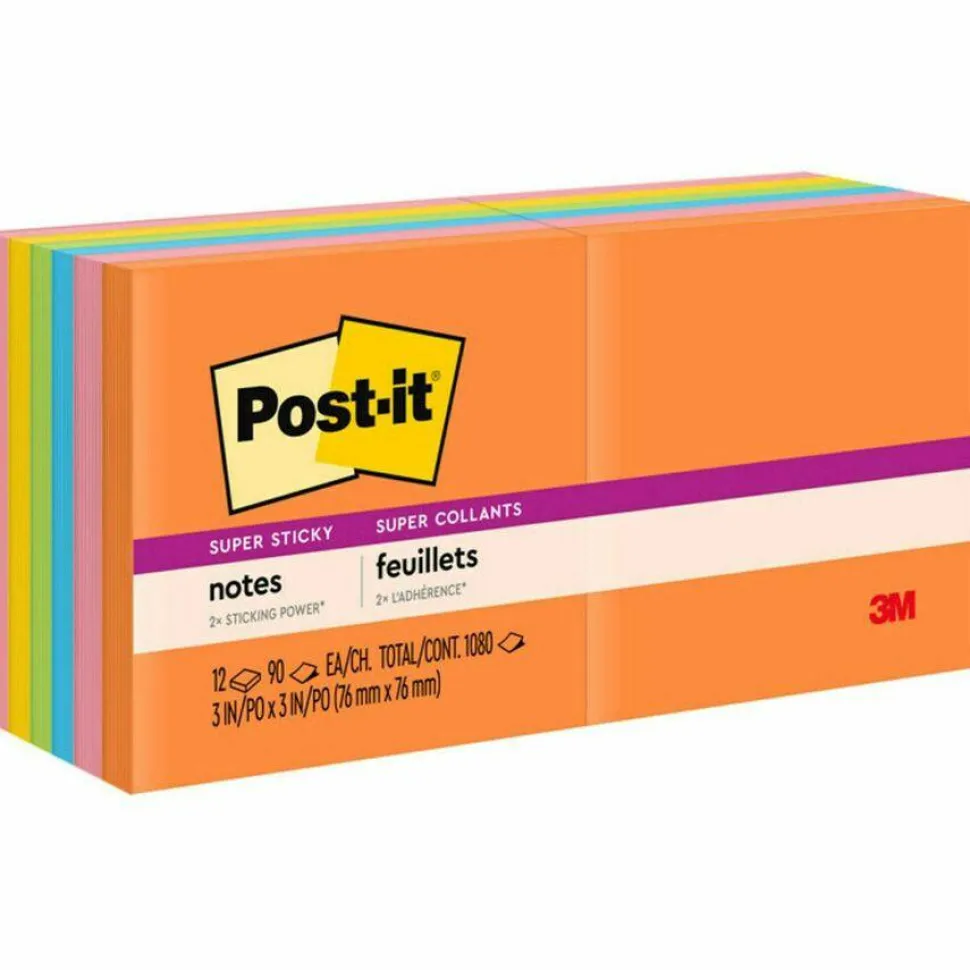 Post-it Super Sticky Notes, 3 x 3 in, 12 Sticky Note Pads, 90 Sheets/Pad, 2X the Sticking Power, School Supplies and Office Products, Neon Fizz