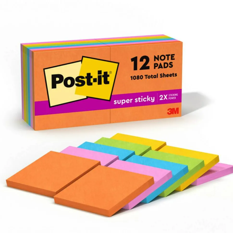 Post-it Super Sticky Notes, 3 x 3 in, 12 Sticky Note Pads, 90 Sheets/Pad, 2X the Sticking Power, School Supplies and Office Products, Neon Fizz
