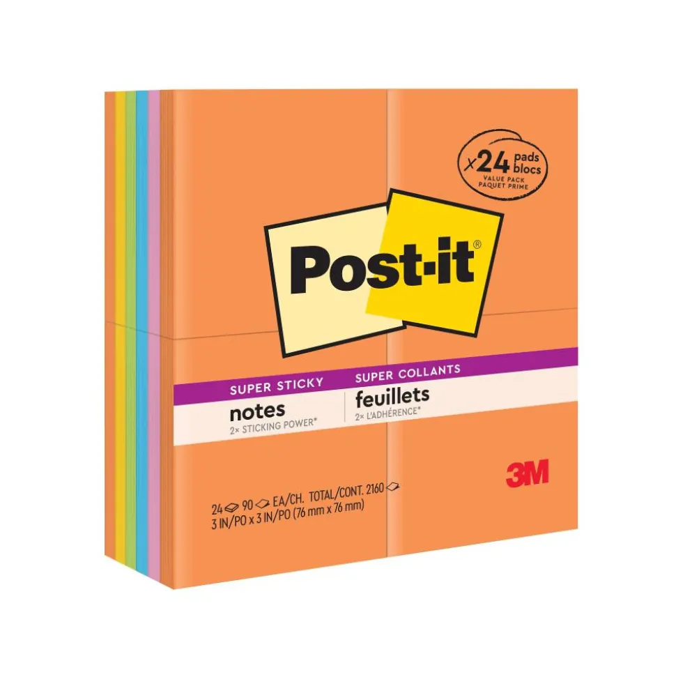 Post-it Super Sticky Notes, 3 x 3 in, 24 Bulk Sticky Note Pads, 90 Sheets/Pad, 2X the Sticky Power, School Supplies and Office Products, Energy Boost
