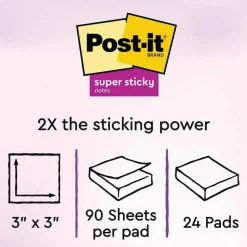 Post-it Super Sticky Notes, 3 x 3 in, 24 Bulk Sticky Note Pads, 90 Sheets/Pad, 2X the Sticky Power, School Supplies and Office Products, Energy Boost
