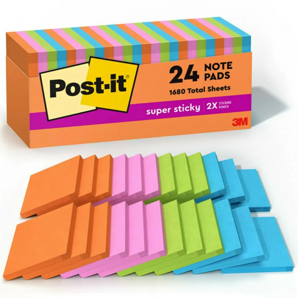 Post-it Super Sticky Notes, 3 in x 3 in, 24 Pads, 70 Sheets/Pad, 2x the Sticking Power, School and Office Supplies, Energy Boost Collection