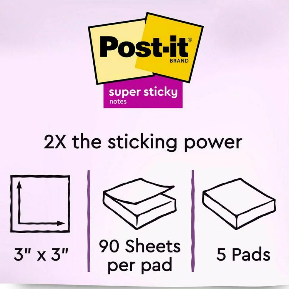 Post-it Super Sticky Notes, 3 x 3 in, 5 Sticky Note Pads, 90 Sheets/Pad, 2X the Sticking Power, School Supplies and Office Products, Energy Boost