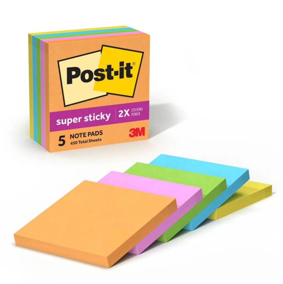 Post-it Super Sticky Notes, 3 x 3 in, 5 Sticky Note Pads, 90 Sheets/Pad, 2X the Sticking Power, School Supplies and Office Products, Energy Boost