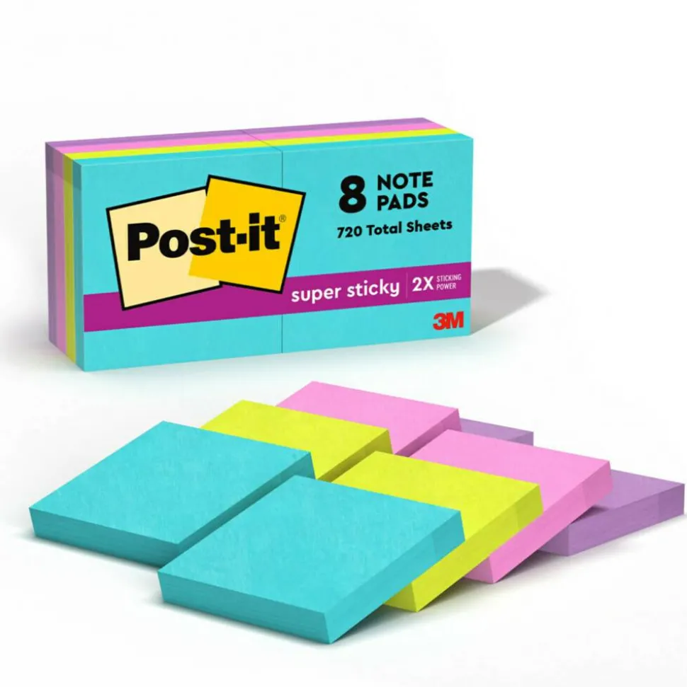 Post-it Super Sticky Notes, 1.88 x 1.88 in, 8 Mini Sticky Note Pads, 90 Sheets/Pad, 2X the Sticking Power, School Supplies, Supernova Neons