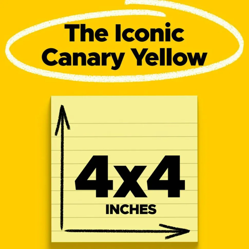 Post-it Super Sticky Notes, 4 x 4 in, 6 Lined Sticky Note Pads, 90 Sheets/Pad, 2X the Sticking Power, School and Office Supplies, Canary Yellow