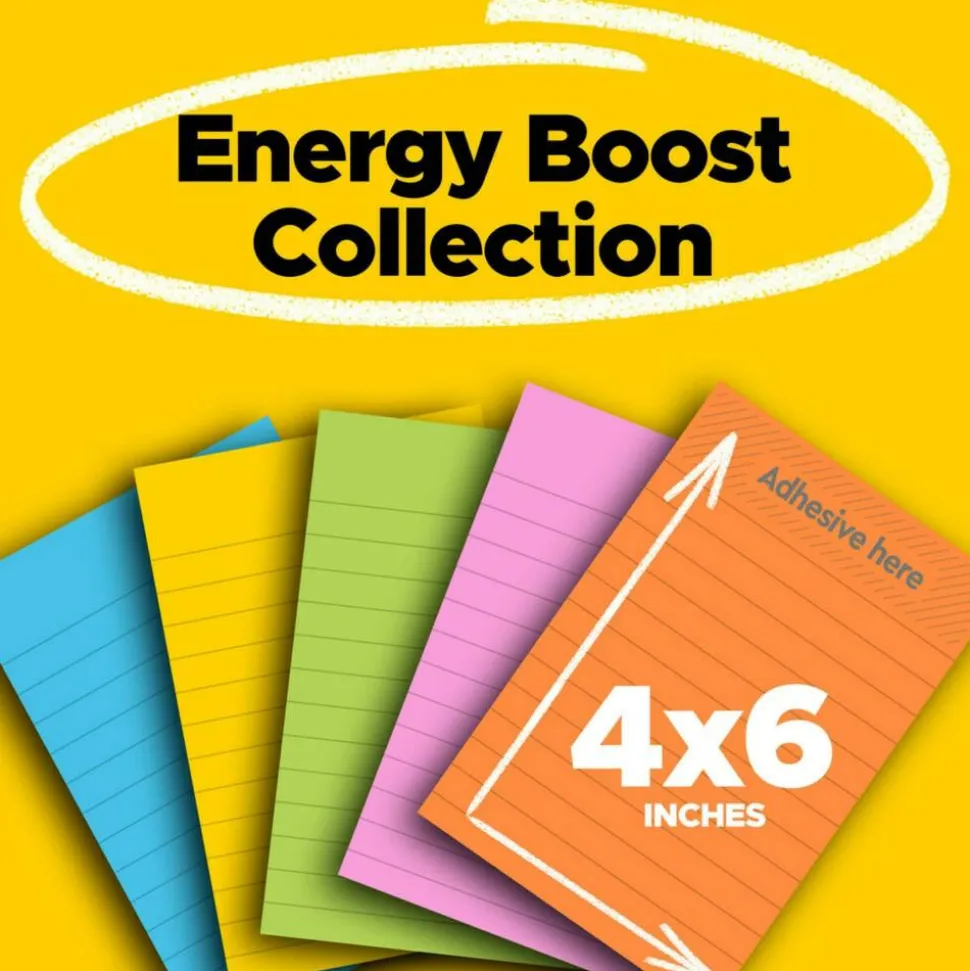 Post-it Super Sticky Notes, 4 x 6 in, 5 Lined Sticky Note Pads, 90 Sheets/Pad, 2X the Sticking Power, School and Office Supplies, Energy Boost