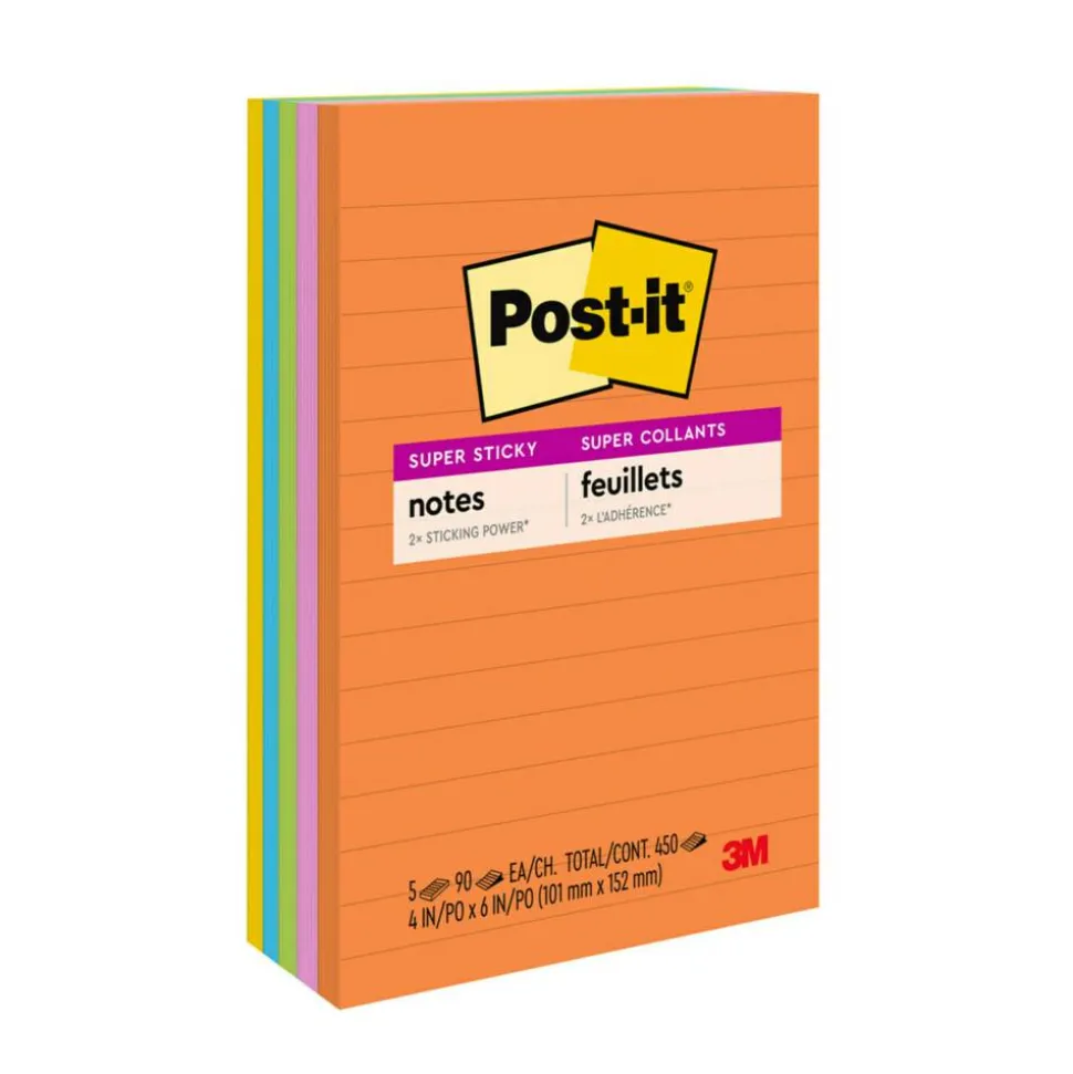 Post-it Super Sticky Notes, 4 x 6 in, 5 Lined Sticky Note Pads, 90 Sheets/Pad, 2X the Sticking Power, School and Office Supplies, Energy Boost
