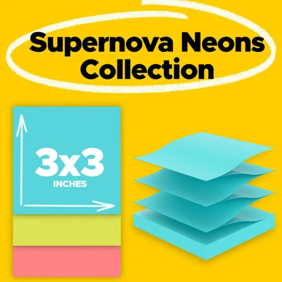 Post-it Super Sticky Pop Up Notes, 3 x 3 in, 10 Sticky Note Pads, 90 Sheets/Pad, 2X the Sticking Power, School and Office Supplies, Supernova Neons