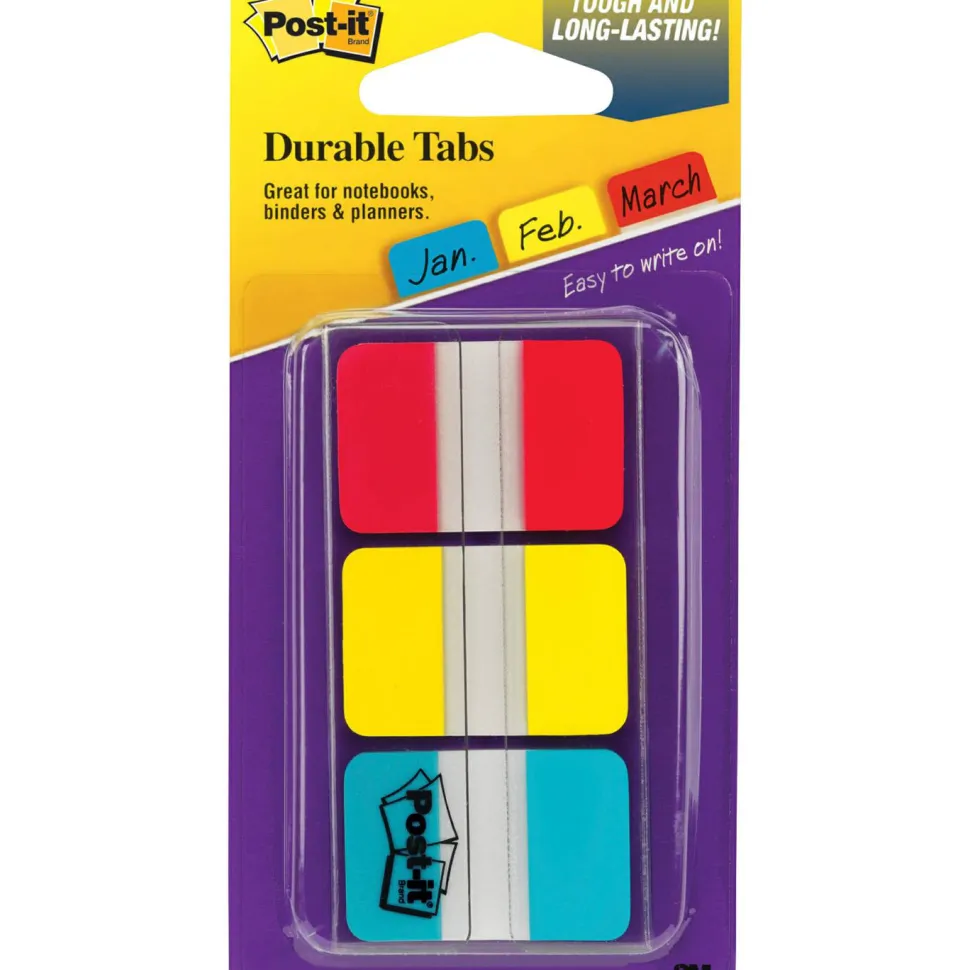 Post-it Durable Tabs - 36 Write-on Tab(s) - 1.50" Tab x 1" Tab- Red, Yellow, Blue Tab(s) - Wear Resistant, Tear Resistant, Repositionable - 36 / Pack