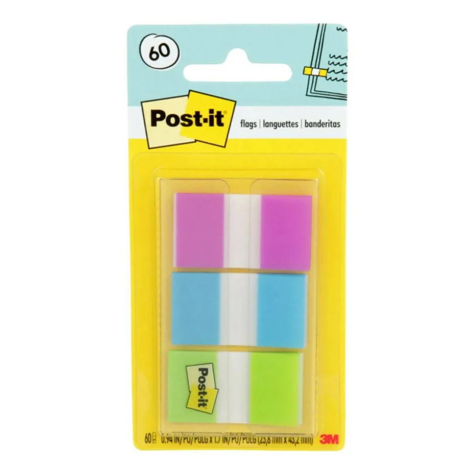 Post-it Flags, 1", Assorted Colors, 20 Flags Per Pad, Pack Of 3 Pads
