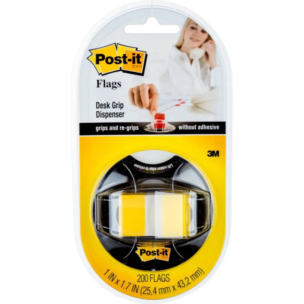 Post-it Flags in Desk Grip Dispenser, 1" x 1 -11/16", Yellow, 200 Flags