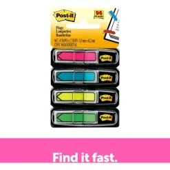 Post-it Flags, .5 in. x 1.7 in., 4 Dispensers, 24 Flags/Dispenser, Assorted Bright Colors, School Supplies for Students, Flags for Textbooks