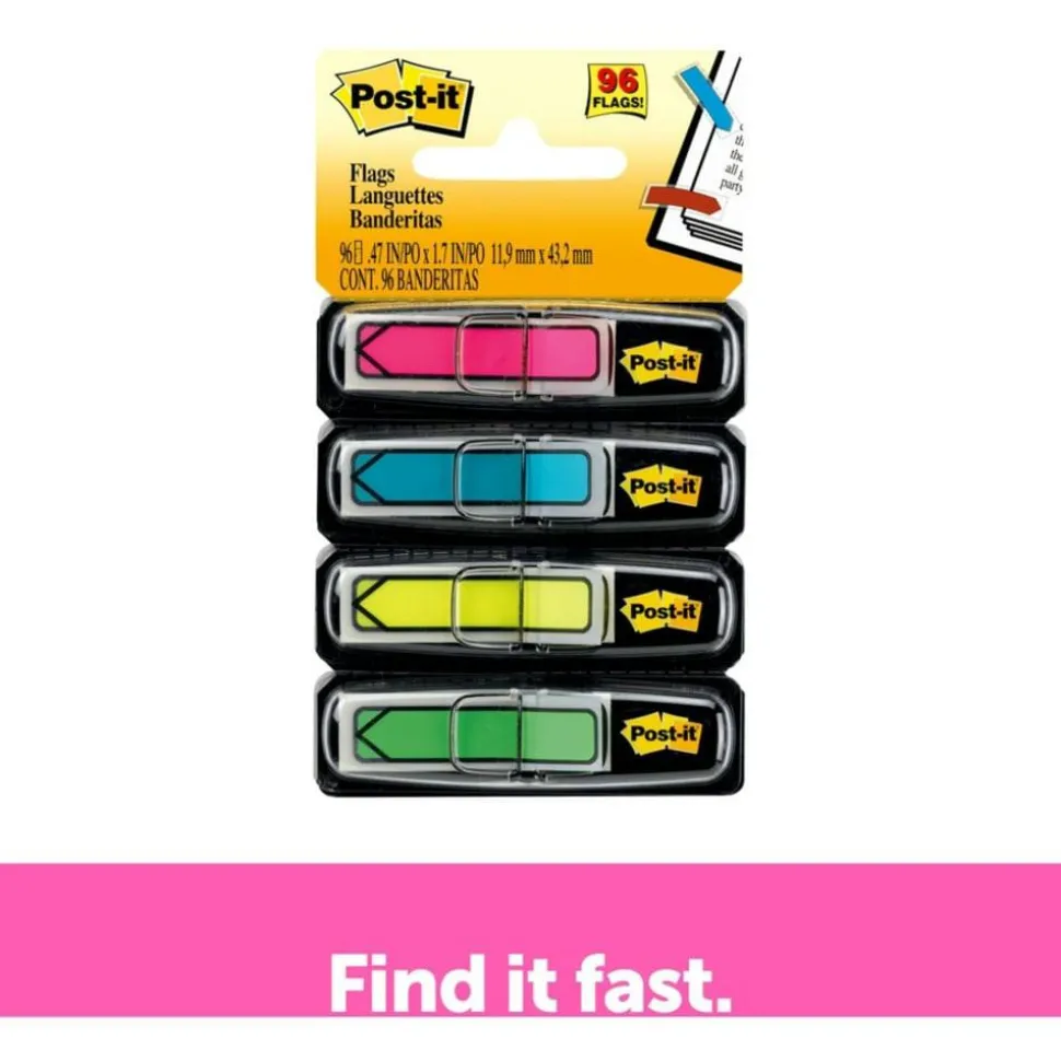 Post-it Flags, .5 in. x 1.7 in., 4 Dispensers, 24 Flags/Dispenser, Assorted Bright Colors, School Supplies for Students, Flags for Textbooks