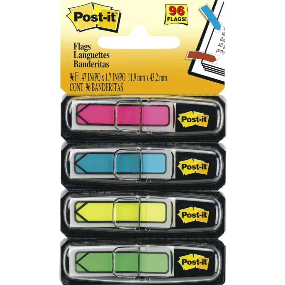 Post-it Flags, .5 in. x 1.7 in., 4 Dispensers, 24 Flags/Dispenser, Assorted Bright Colors, School Supplies for Students, Flags for Textbooks