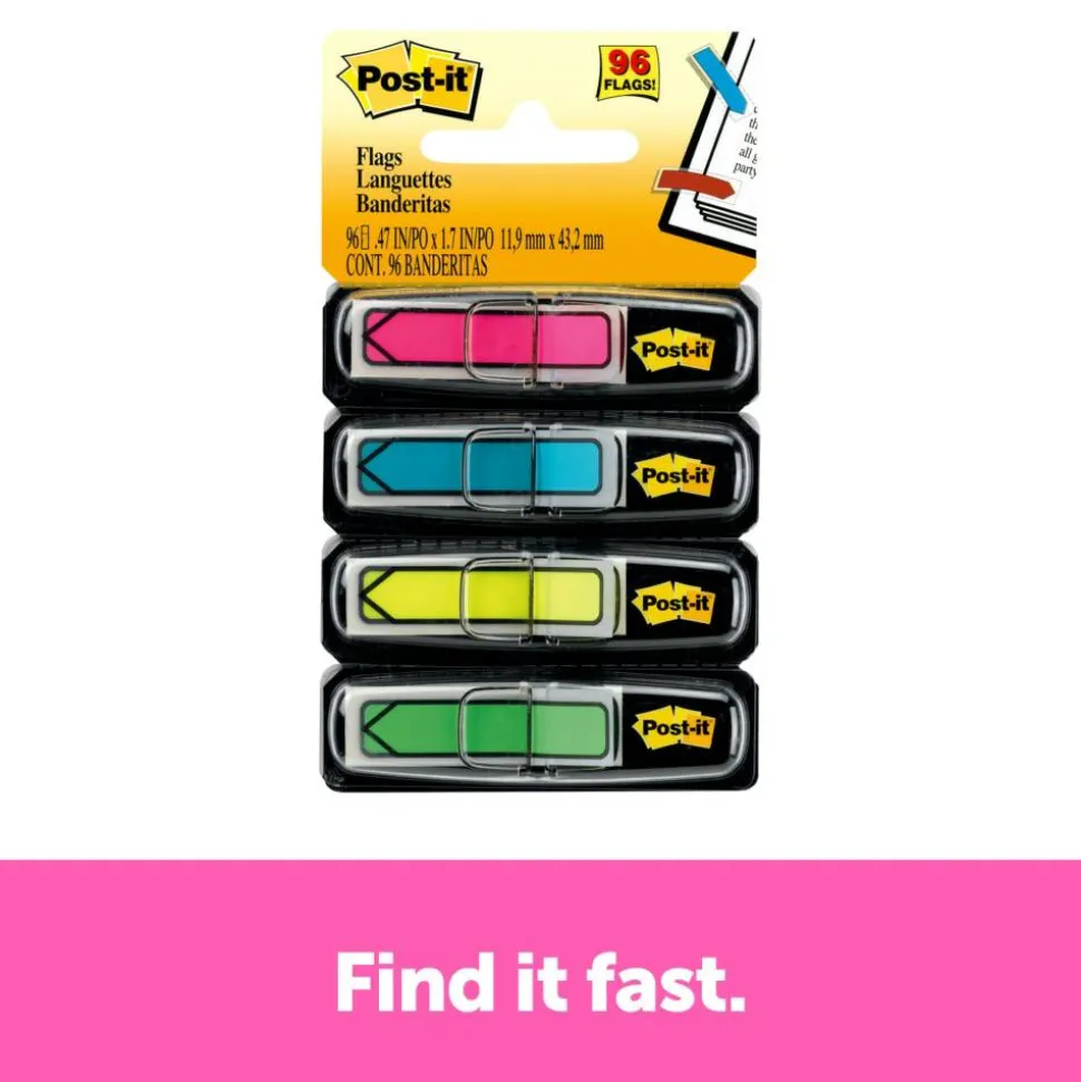 Post-it Flags, .5 in. x 1.7 in., 4 Dispensers, 24 Flags/Dispenser, Assorted Bright Colors, School Supplies for Students, Flags for Textbooks