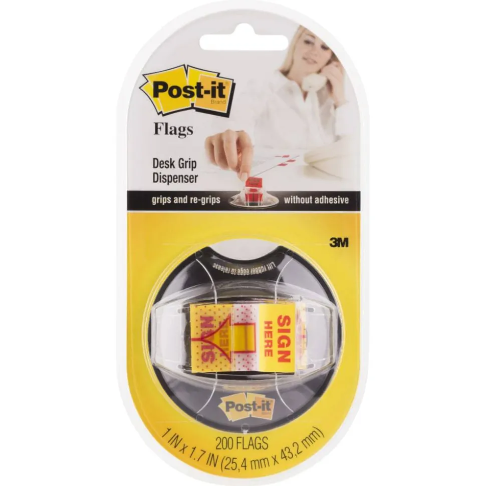 Post-it Flags, 1 in. x 1.7 in., 1 Dispenser, 200 Flags/Dispenser, Yellow, Printed "Sign Here", Desk Grip Dispenser, School Supplies for Students