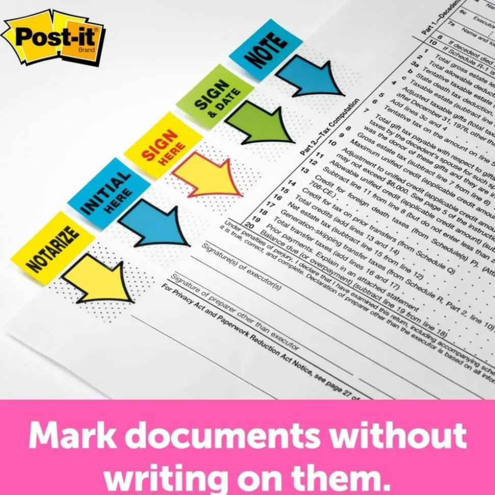 Post-it Flags, 1 in. x 1.7 in., 1 Dispenser, 200 Flags/Dispenser, Yellow, Printed "Sign Here", Desk Grip Dispenser, School Supplies for Students