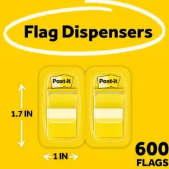 Post-it Flags, 1 in. x 1.7 in., 12 Dispensers, 50 Flags/Dispenser, Yellow, School Supplies for Students, Flags for Textbooks and Notebooks