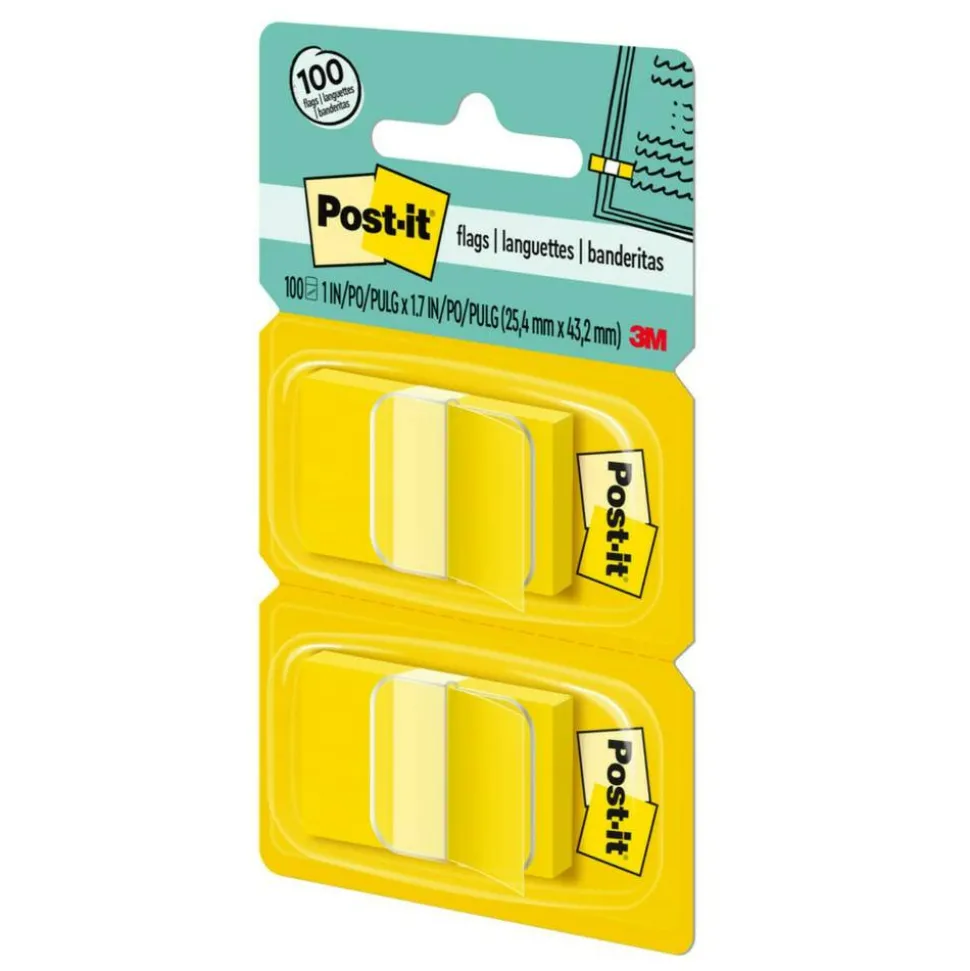 Post-it Flags, 1 in. x 1.7 in., 2 Dispensers, 50 Flags/Dispenser, Yellow, School Supplies for Students, Tabs for Textbooks and Notebooks
