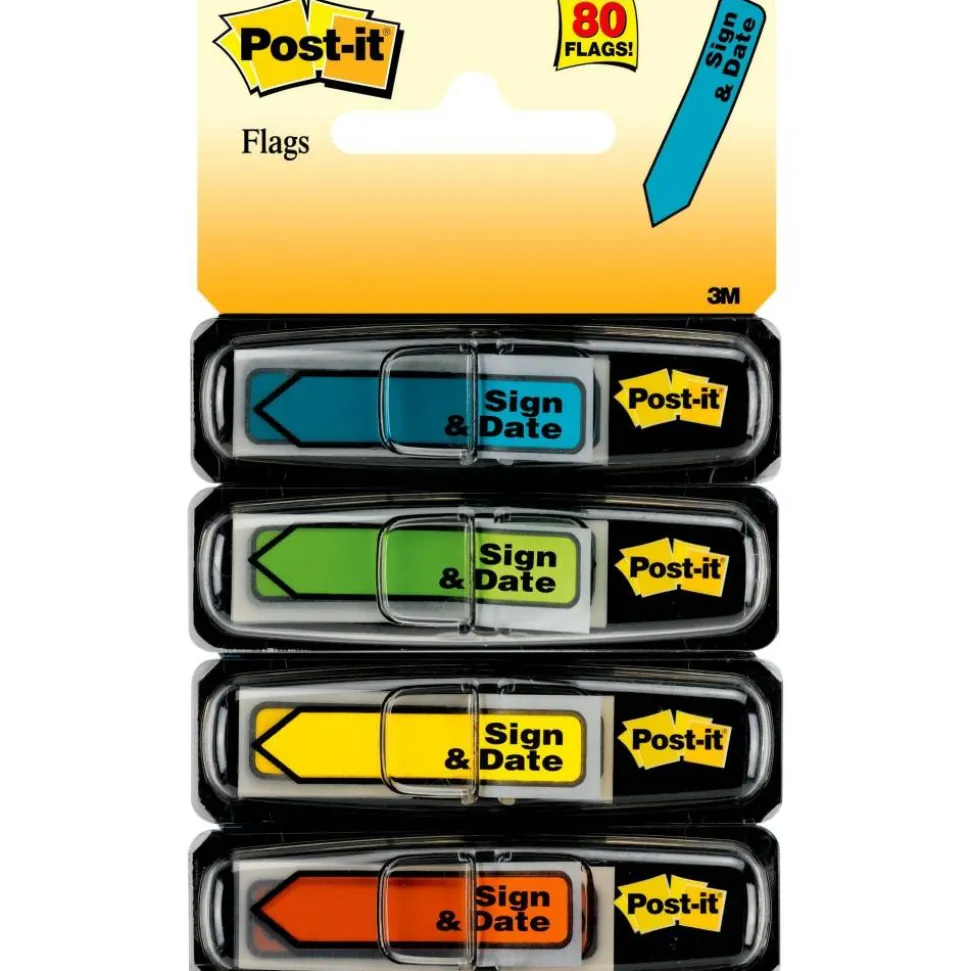Post-it Flags, .47 in. x 1.7 in., 4 Dispensers, 20 Flags/Dispenser, Assorted Bright Colors, "Sign & Date", Back to School Supplies for Students