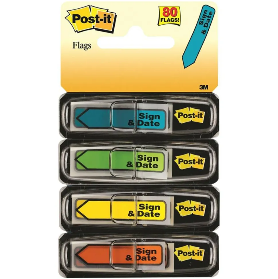 Post-it Flags, .47 in. x 1.7 in., 4 Dispensers, 20 Flags/Dispenser, Assorted Bright Colors, "Sign & Date", Back to School Supplies for Students