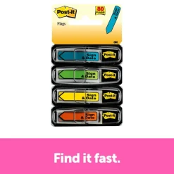 Post-it Flags, .47 in. x 1.7 in., 4 Dispensers, 20 Flags/Dispenser, Assorted Bright Colors,