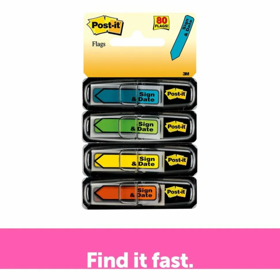 Post-it Flags, .47 in. x 1.7 in., 4 Dispensers, 20 Flags/Dispenser, Assorted Bright Colors, "Sign & Date", Back to School Supplies for Students