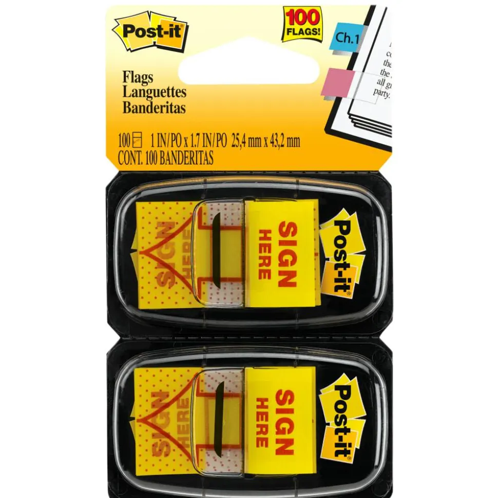 Post-it Flags, 1 in. x 1.7 in., 2 Dispensers, 50 Flags/Dispenser, Yellow, Printed "Sign Here", School Supplies for Students, Flags for Textbooks