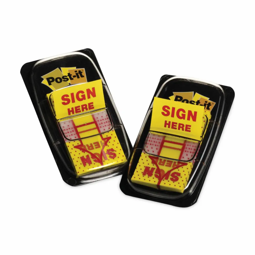 Post-it Flags, 1 in. x 1.7 in., 2 Dispensers, 50 Flags/Dispenser, Yellow, Printed "Sign Here", School Supplies for Students, Flags for Textbooks