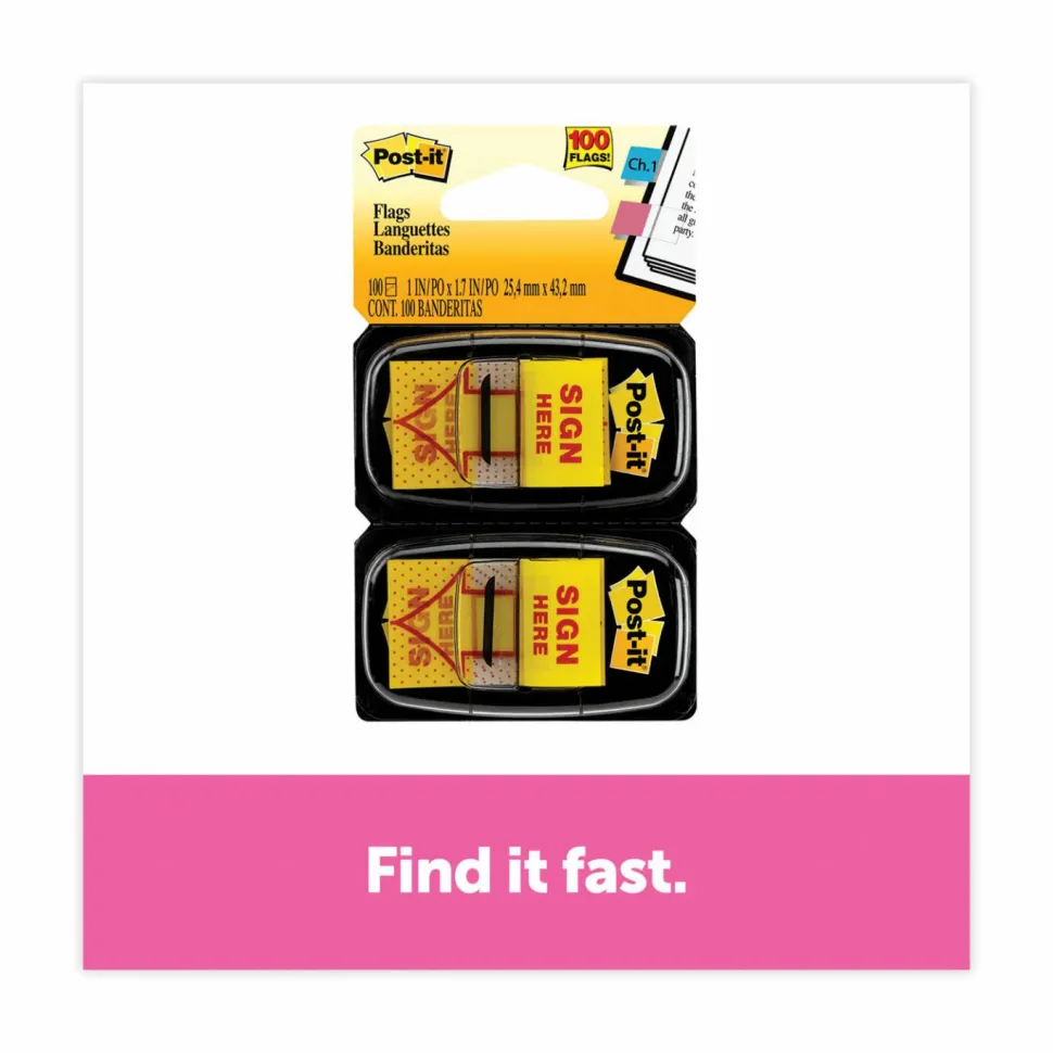 Post-it Flags, 1 in. x 1.7 in., 2 Dispensers, 50 Flags/Dispenser, Yellow, Printed "Sign Here", School Supplies for Students, Flags for Textbooks