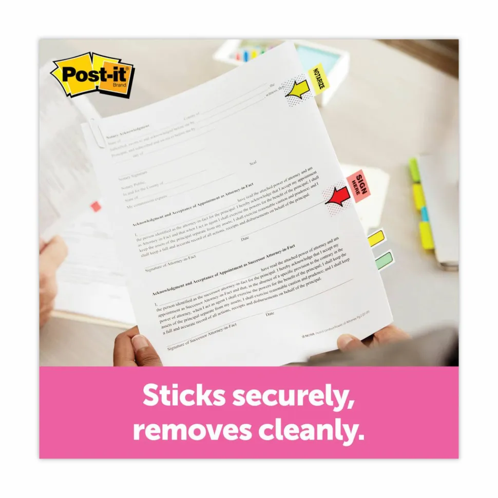 Post-it Flags, 1 in. x 1.7 in., 4 Dispensers, 50 Flags/Dispenser, Assorted Colors, "Sign Here", Back to School Supplies for Students