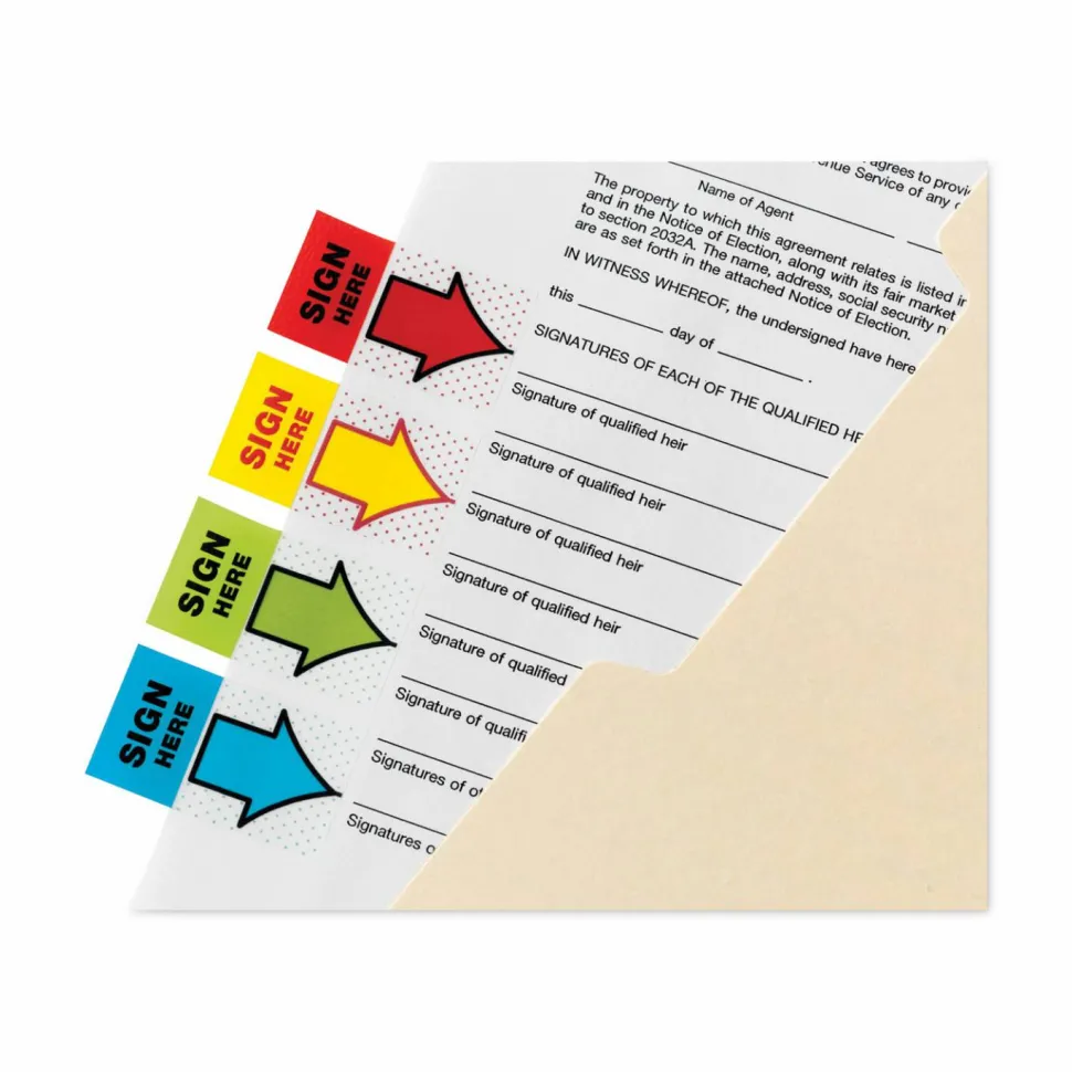 Post-it Flags, 1 in. x 1.7 in., 4 Dispensers, 50 Flags/Dispenser, Assorted Colors, "Sign Here", Back to School Supplies for Students