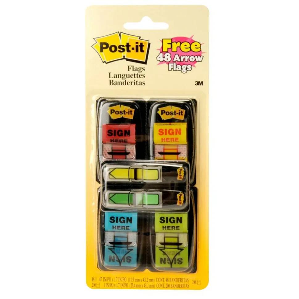 Post-it Flags, 1 in. x 1.7 in., 4 Dispensers, 50 Flags/Dispenser, Assorted Colors, "Sign Here", Back to School Supplies for Students