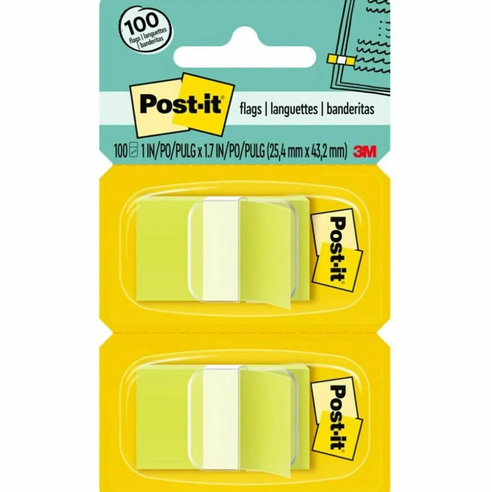 Post-it Flags, 1" x 1 -11/16", Bright Green, 50 Flags Per Pad, Pack Of 2 Pads
