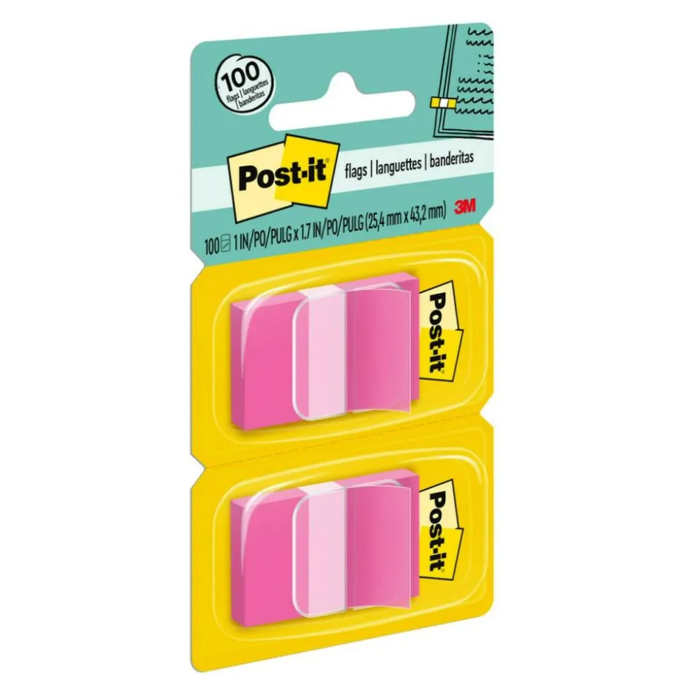 Post-it Flags, 1" x 1 -11/16", Bright Pink, 50 Flags Per Pad, Pack Of 2 Pads