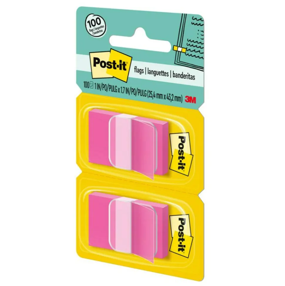 Post-it Flags, 1" x 1 -11/16", Bright Pink, 50 Flags Per Pad, Pack Of 2 Pads