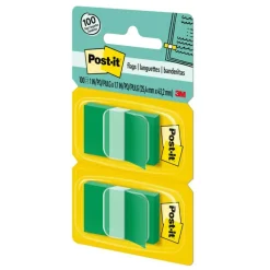 Post-it Flags, 1" x 1 -11/16", Green, 50 Flags Per Pad, Pack Of 2 Pads